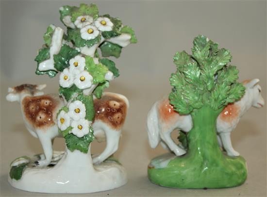 A collection of six Continental Chelsea style porcelain figures, 19th century, largest 17.5cm, smallest 10cm